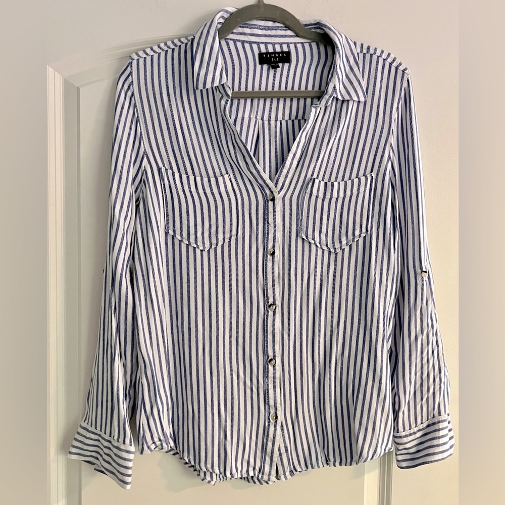 TINSEL Pocket Blue White Stripe Shirt Button Front Long Sleeve Loose Size M‎